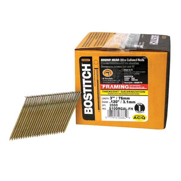 Bostitch Collated Framing Nail, 3 in L, 11 ga, Galvanized, Round Head